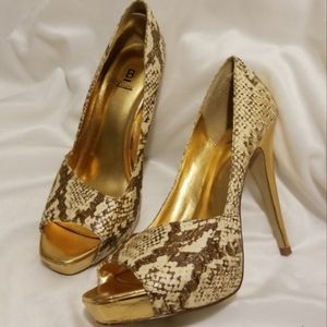Gold Snakeskin Print Open Toe Platform Pump